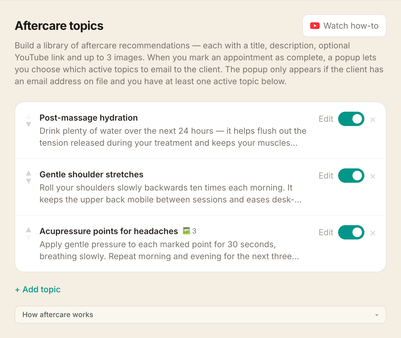 The Aftercare topics screen showing three topics — Post-massage hydration, Gentle shoulder stretches, and Acupressure points for headaches with a 3-image badge — each with an active toggle and an Edit button