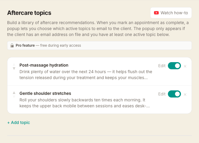 The Aftercare topics screen showing two topics — Post-massage hydration and Gentle shoulder stretches — each with an active toggle and an Edit button