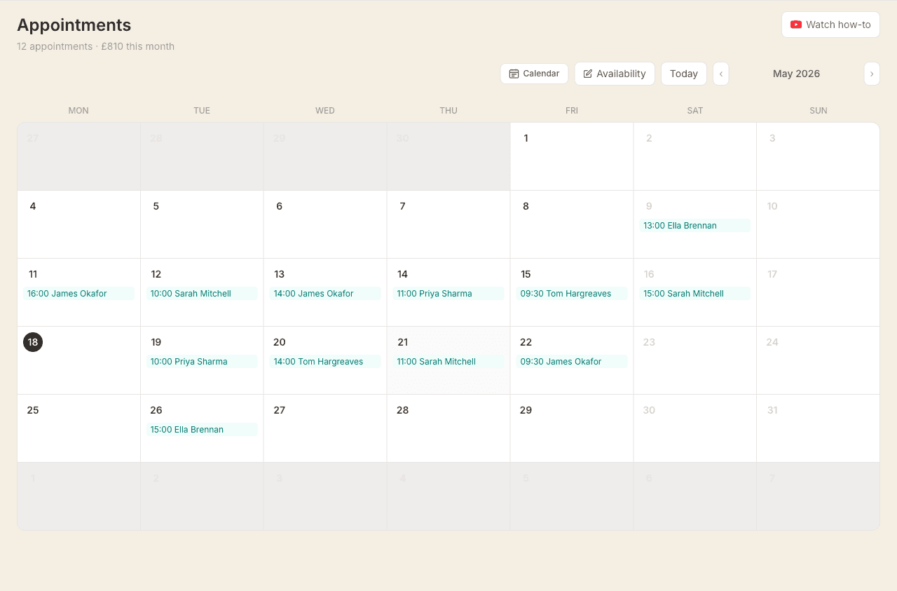 The Appointments page in month view, showing a calendar grid with client names and times on the days they have bookings