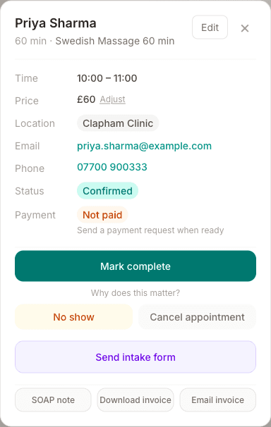 An appointment detail panel showing the client name, service, time, price, location, contact details, status, and the Mark complete, No show and Cancel appointment buttons