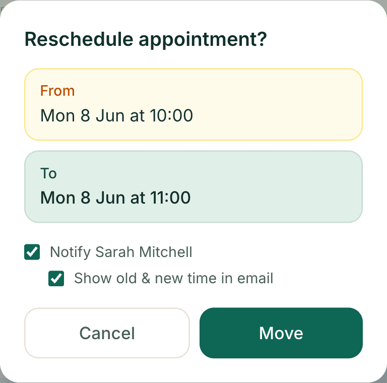 The reschedule confirmation showing the old time (From Mon 8 Jun at 10:00) and new time (To Mon 8 Jun at 11:00), a checkbox to notify the client by email, and Cancel and Move buttons