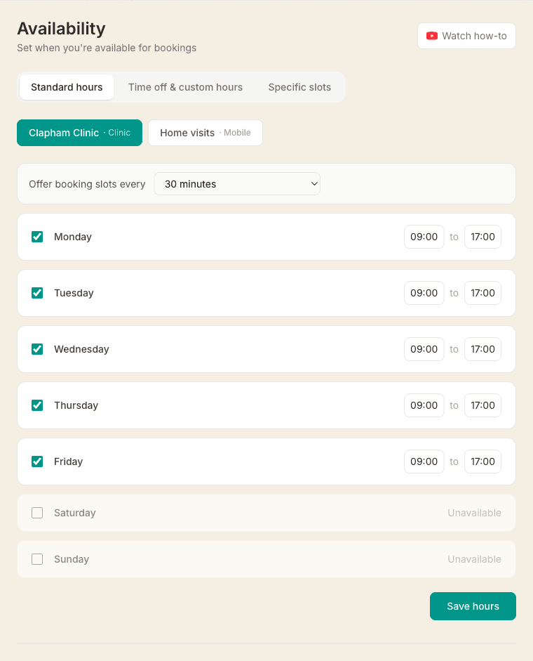 The Standard hours tab on the Availability page, showing a tick and 09:00–17:00 time range for Monday to Friday and Saturday and Sunday marked unavailable