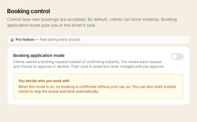 The Booking control settings page with the Booking application mode toggle and an explanation that no booking is confirmed without the therapist's approval