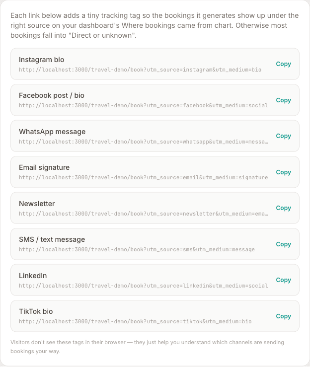 The Share your booking link section under Settings, Integrations, with a ready-made link for each channel — Instagram bio, Facebook, WhatsApp, email signature and more — each with a Copy button