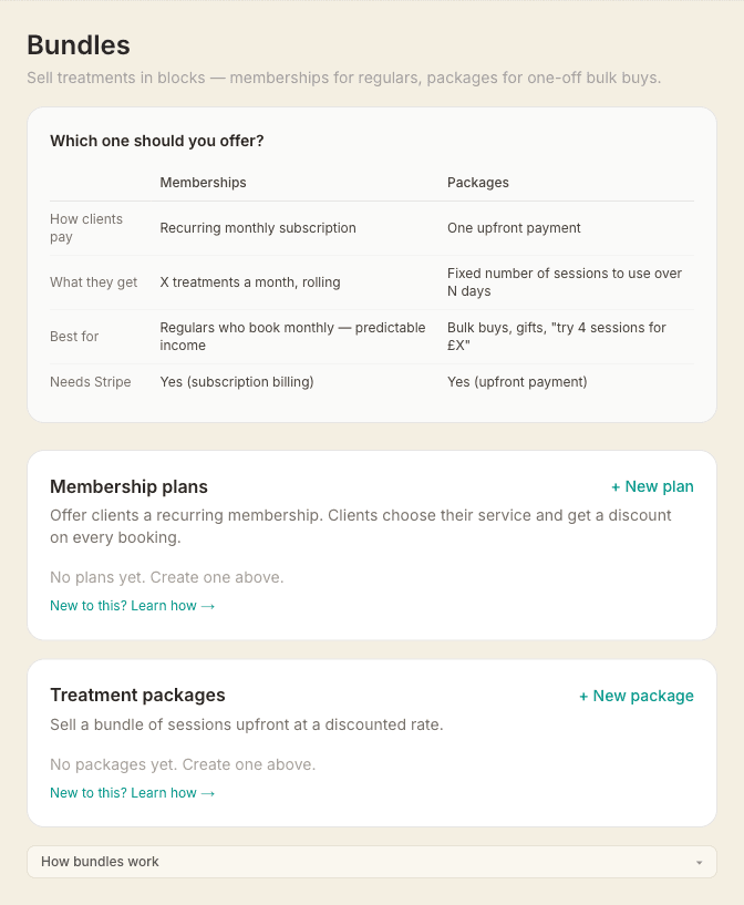 The Bundles page with a comparison table of memberships versus packages, and separate Membership plans and Treatment packages sections each with a New button