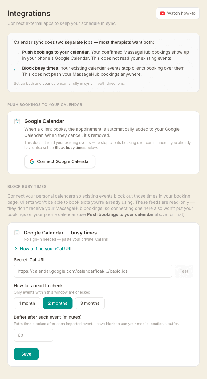 The Integrations page showing the two calendar-sync jobs — Push bookings to your calendar with a Connect Google Calendar button, and Block busy times with an iCal URL field