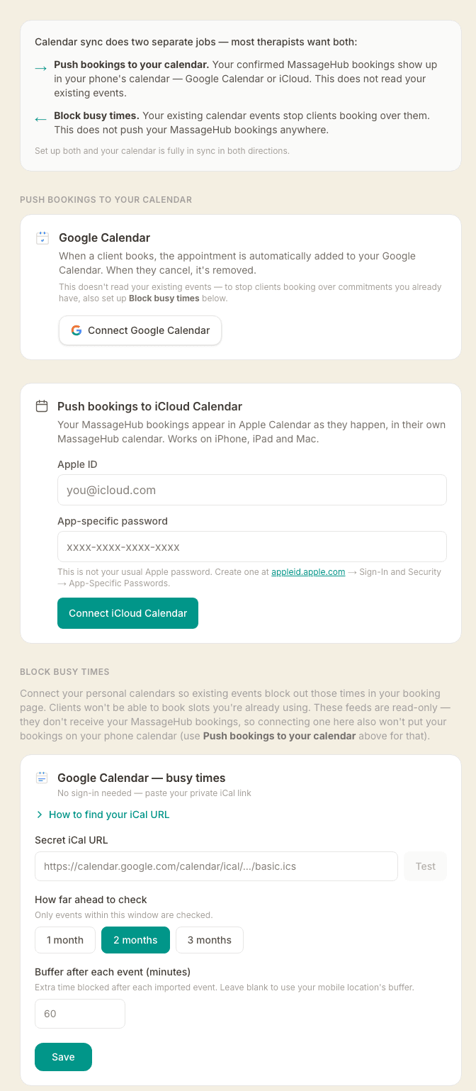 The Integrations page showing the two calendar-sync jobs — Push bookings to your calendar, with a Connect Google Calendar button and an iCloud card asking for an Apple ID and app-specific password, and below them Block busy times with an iCal URL field