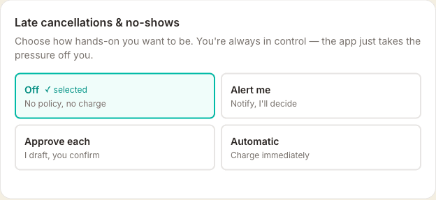 The Late cancellations and no-shows setting on the Payments page, with four choices — Off, Alert me, Approve each and Automatic — and Off currently selected