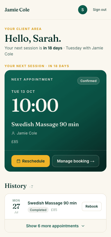 A client's account page showing a greeting, the next appointment card with Reschedule and Manage booking buttons, and a History list below