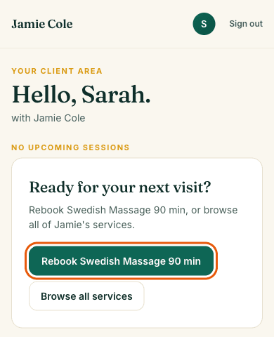 The Ready for your next visit card with a Rebook button for the last treatment circled, and a Browse all services button below it