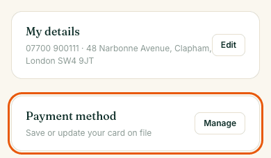 The My details and Payment method cards on the account page, with the Payment method card circled