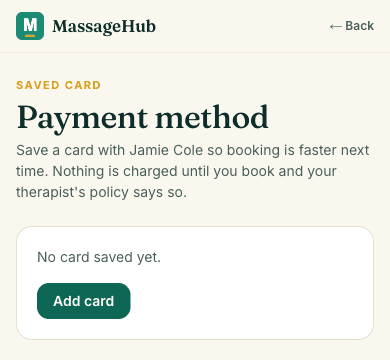 The Payment method page explaining that saving a card charges nothing, with an Add card button