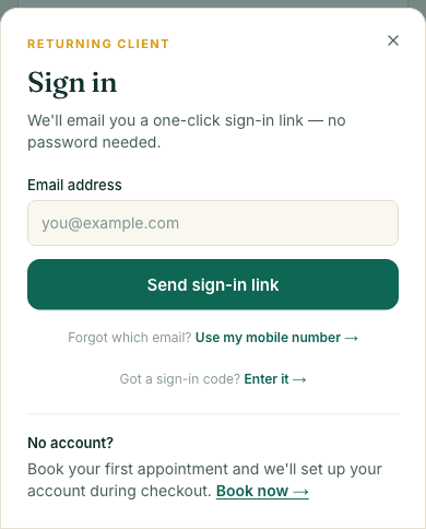 The Sign in pop-up with an email address box, a Send sign-in link button, and a Use my mobile number link underneath
