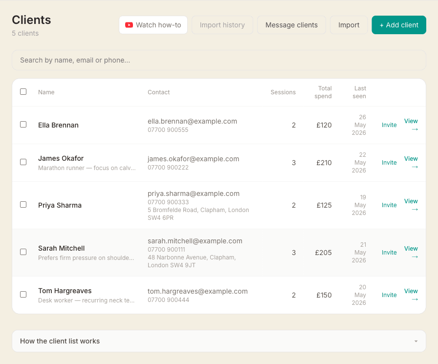 The Clients page showing a searchable table of clients with their contact details, session count, total spend, and last-seen date