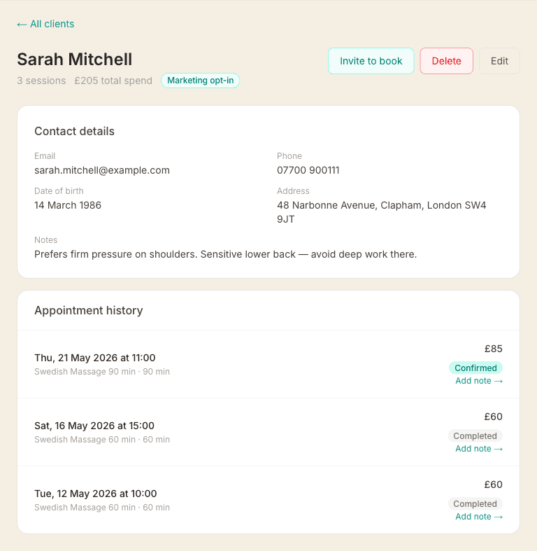 A single client record showing the contact details card with email, phone, date of birth, address and notes, followed by the appointment history