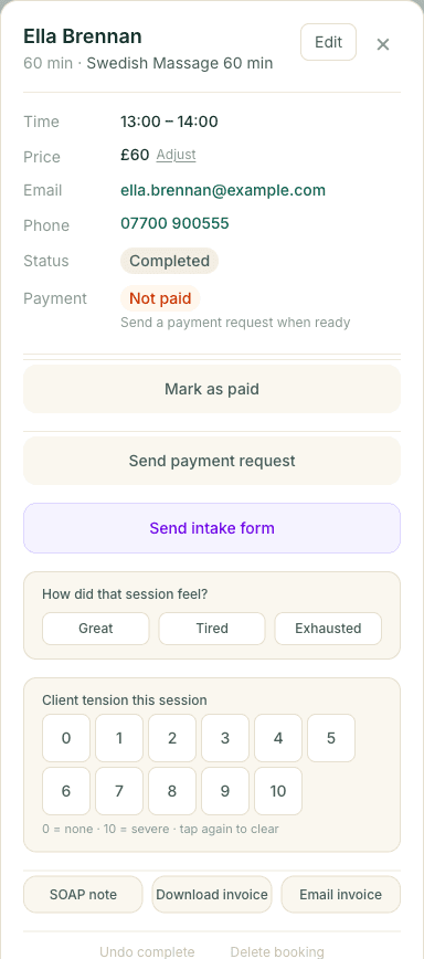 An appointment detail panel for a completed session, showing the status, payment options, the session feel and tension check-ins, and invoice and undo-complete actions