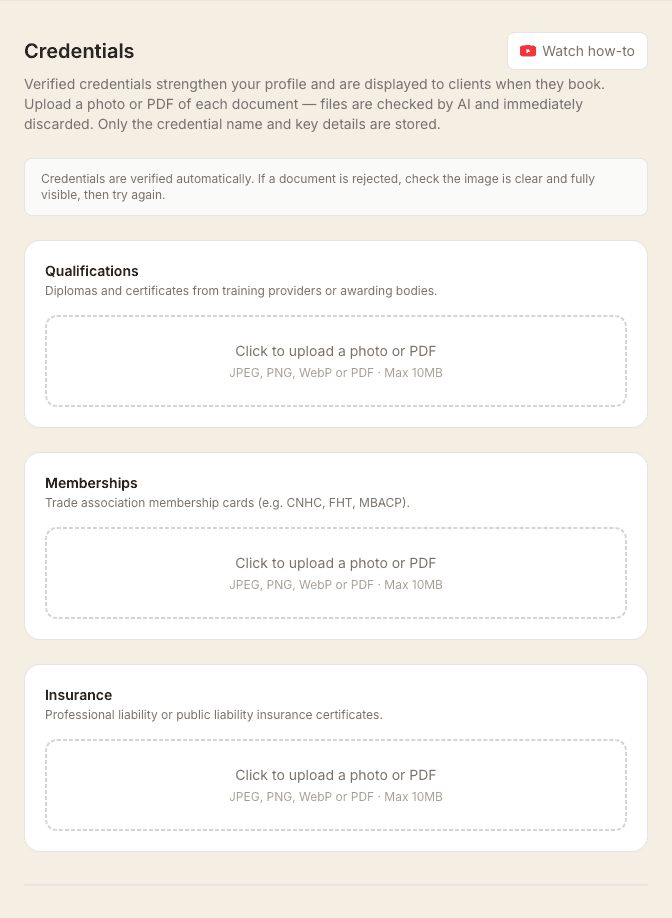 The Credentials page with separate upload areas for Qualifications, Memberships and Insurance, each accepting a photo or PDF