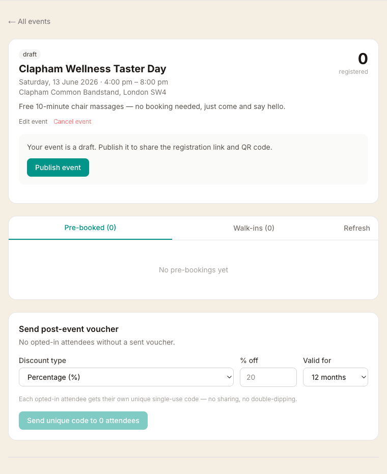 An event page showing a draft taster day with its date, location and description, a Publish event button, pre-booked and walk-in tabs, and a post-event voucher panel