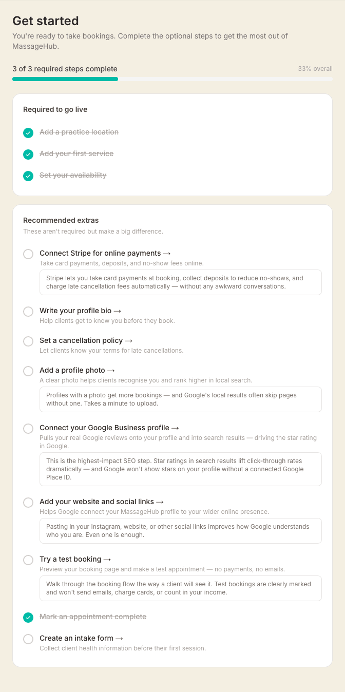 The Get started page showing a progress bar, the three required-to-go-live steps all ticked, and a list of recommended extra steps