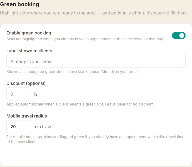 The Green booking section under a mobile location, with an enable toggle, a client-facing label, an optional discount percentage and a nearby travel radius