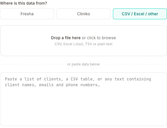 The Import clients screen with Cliniko as a source option, a drop-a-file area for your CSV, and a box to paste data