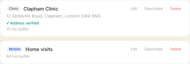 The Locations list showing a Clinic location with a verified address and a Mobile home-visits location, each with its buffer time