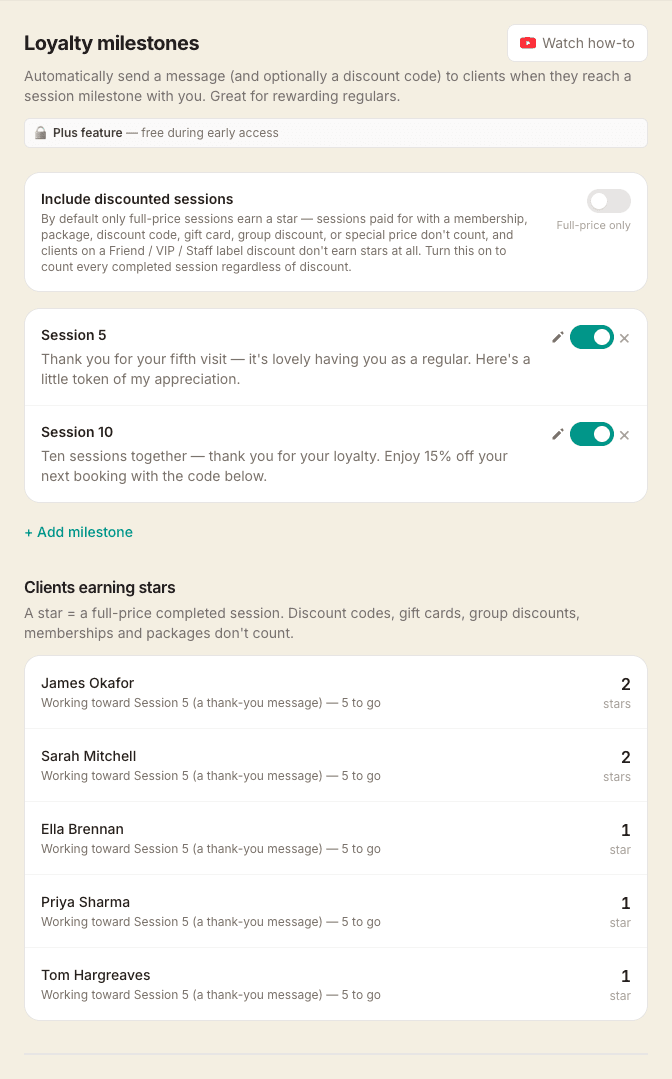 The Loyalty milestones screen showing two milestones — Session 5 and Session 10 — each with its message, plus a Clients earning stars list below