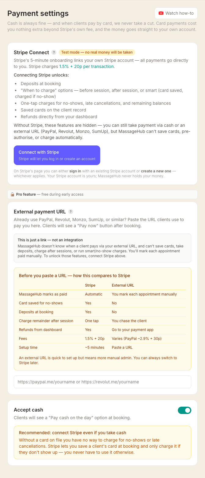 The Payment settings page showing the Stripe Connect card, the external payment URL section, and the Accept cash toggle