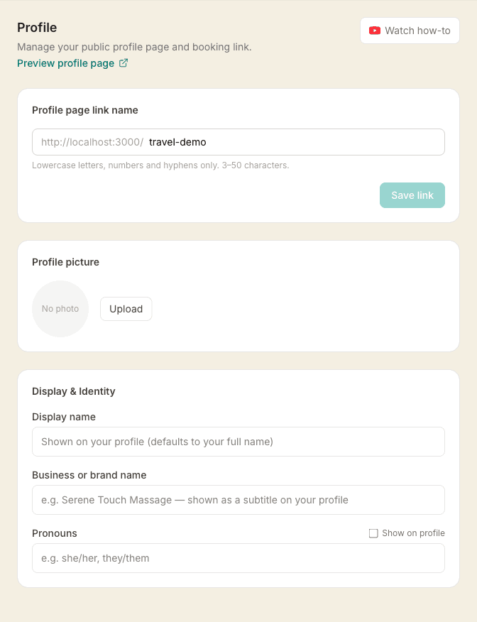 The top of the Profile settings page, showing the profile page link name, profile picture upload, and the Display and Identity fields