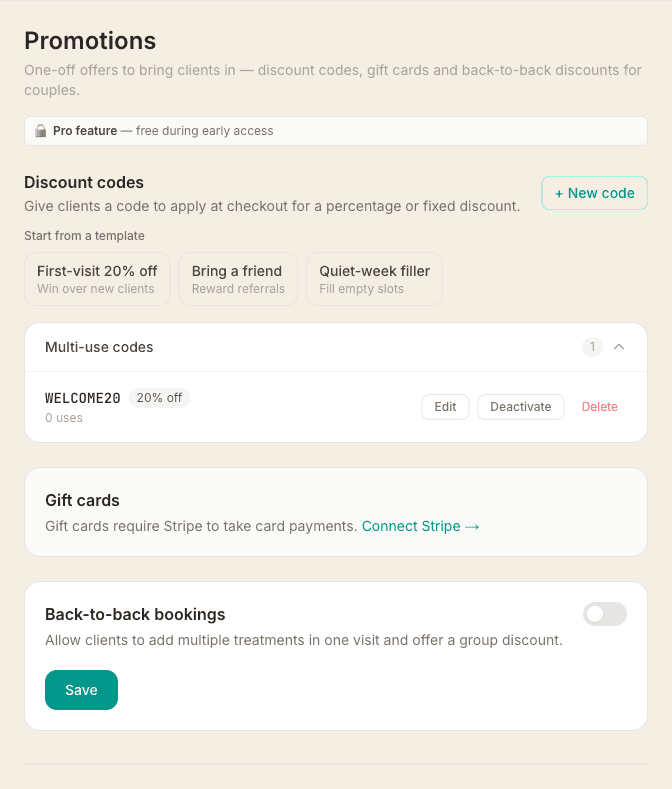 The Promotions page showing the Discount codes section with quick-start templates and a created WELCOME20 code offering 20% off