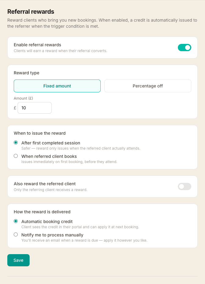 The Referral rewards settings — an enable toggle, reward type, the amount, when the reward issues, and how it is delivered