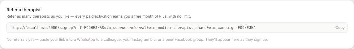 The Refer a therapist card on the dashboard, showing the personal referral link and a Copy button