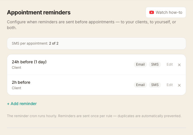 The Appointment reminders screen showing two reminder rules — 24 hours before and 2 hours before — each sent to the client via email and SMS