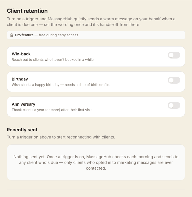 The Client retention screen showing three toggles — Win-back, Birthday and Anniversary — each off, with a Recently sent section below