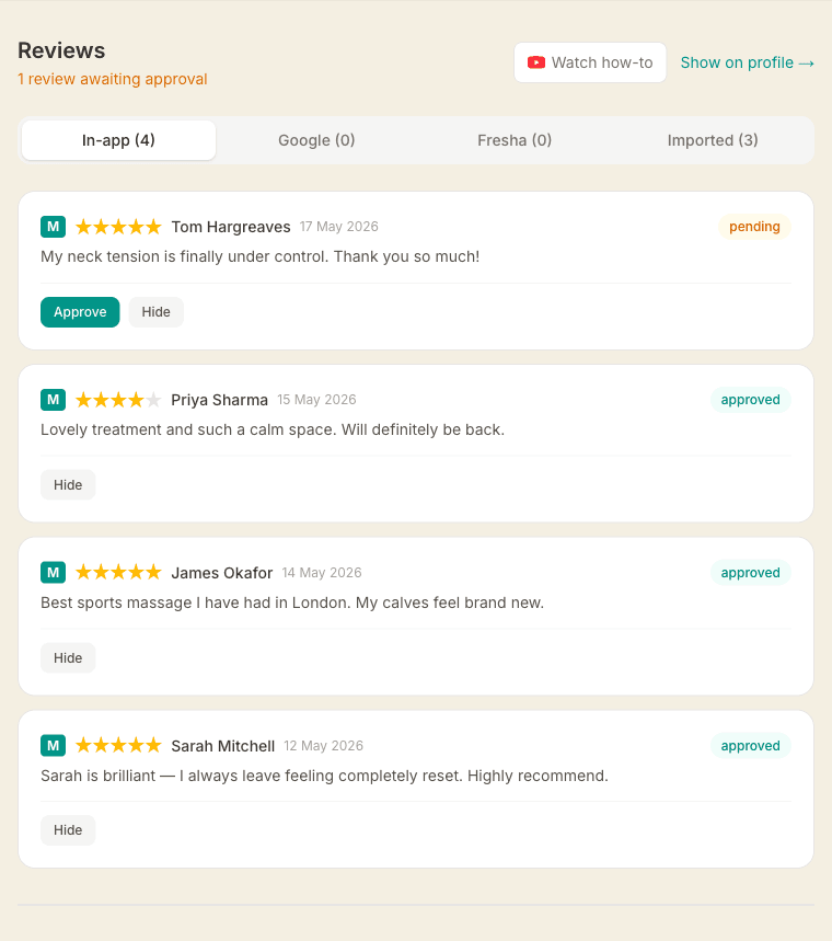 The Reviews dashboard on the In-app tab, with tabs for In-app, Google, Fresha and Imported reviews, and a pending review showing Approve and Hide buttons