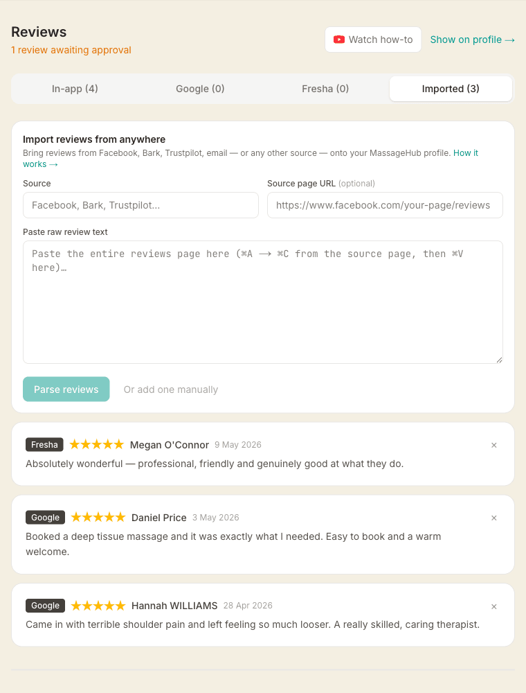 The Imported tab of the Reviews page, with a Source field, an optional URL field, a large paste box, a Parse reviews button, and previously imported reviews badged by source below