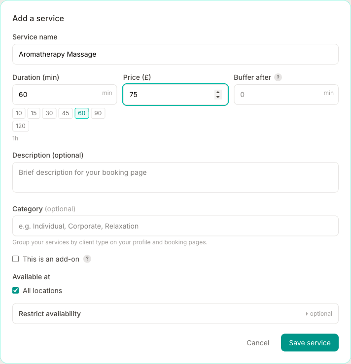 The Add a service form, with fields for service name, duration with quick-pick presets, price, buffer after, description, category, an add-on checkbox, and location availability