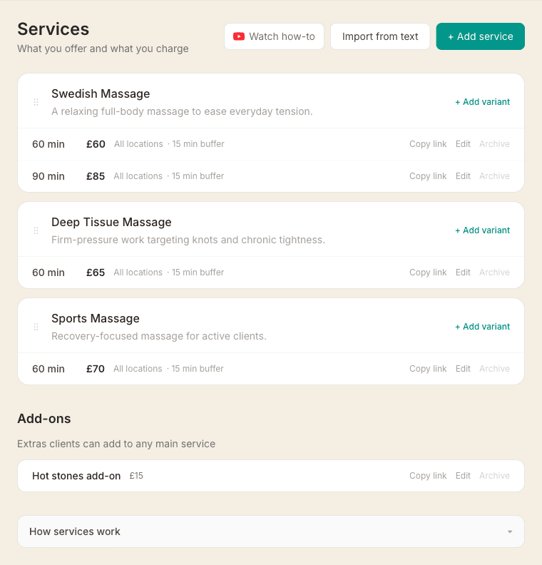 The Services page showing three massage services grouped into cards with duration and price variants, plus an Add-ons section below