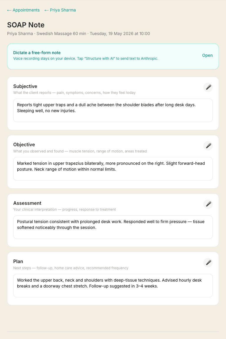 The SOAP note editor for a session, with separate Subjective, Objective, Assessment and Plan sections, each with a microphone button for voice dictation