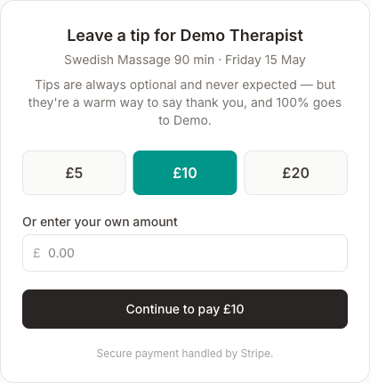The client-facing tip page, with suggested amounts of five, ten and twenty pounds and a field to enter a custom amount