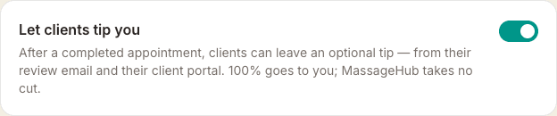 The Let clients tip you toggle on the Settings Payments page, switched on