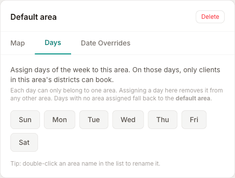 The Days tab, with weekday buttons that can be assigned to an area