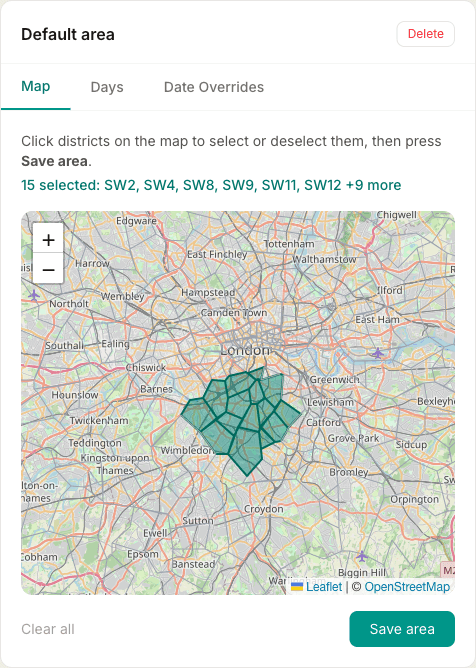The Map tab, with several postcode districts selected in teal