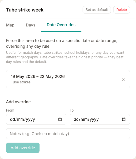 The Date overrides tab showing a 19-22 May override added with a 'Tube strikes' note