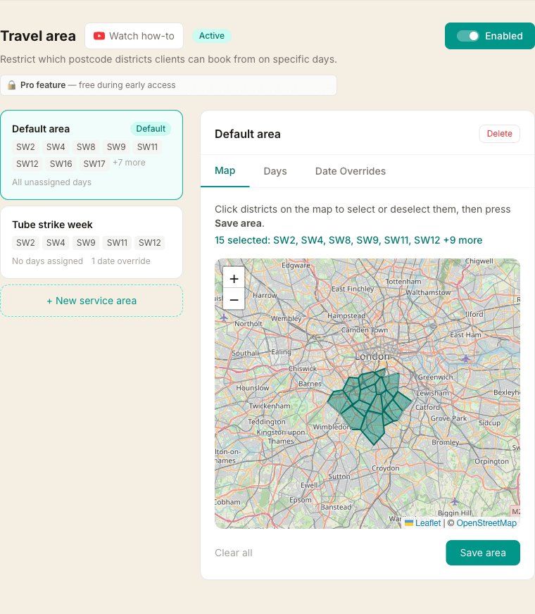 The Travel area page, with a list of service areas on the left and the selected area's tabs on the right