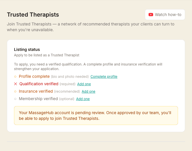 The Trusted Therapists settings showing the listing-status checklist — profile complete, qualification verified, insurance and membership — with the application requirements