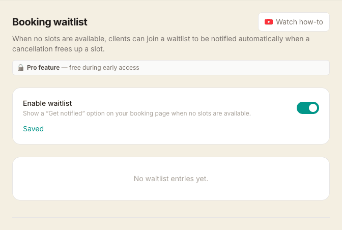 The Booking waitlist settings page with the Enable waitlist toggle switched on and a section listing waitlist entries