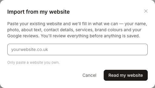The Import from my website box with a field for your website address and a Read my website button
