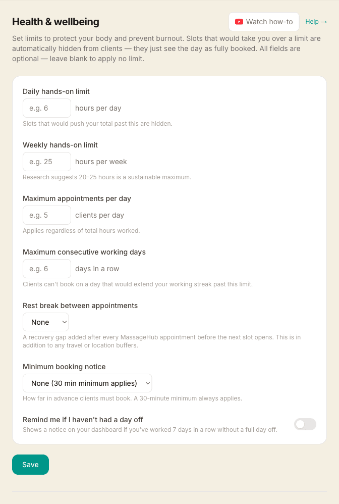 The Health and wellbeing settings page with fields for daily and weekly hands-on limits, maximum appointments per day, consecutive working days, rest breaks and minimum booking notice