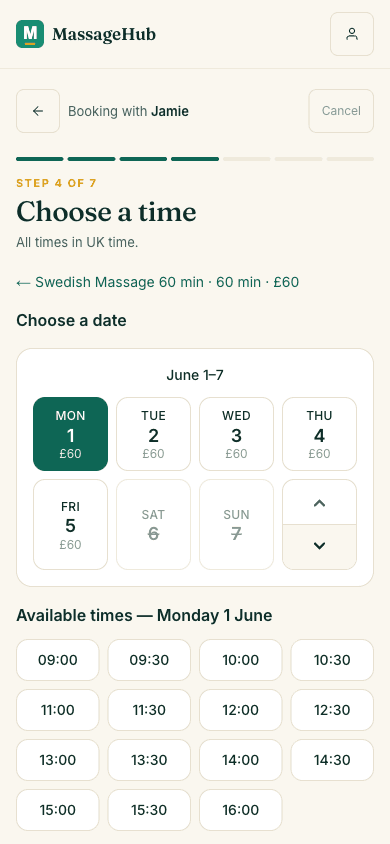 The client booking page on a phone, showing available times for a 60 minute Swedish massage with Jamie
